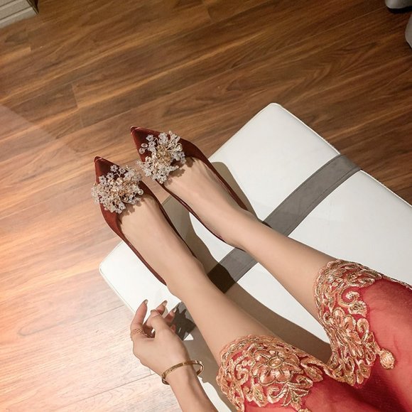 Kdely Wedding Bridal Shoes Florwer Ornament Embellished Red 8
